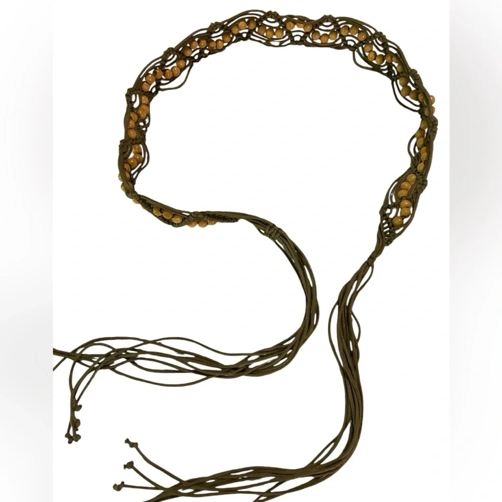 Women’s corded /bead belt. Olive with tan beads